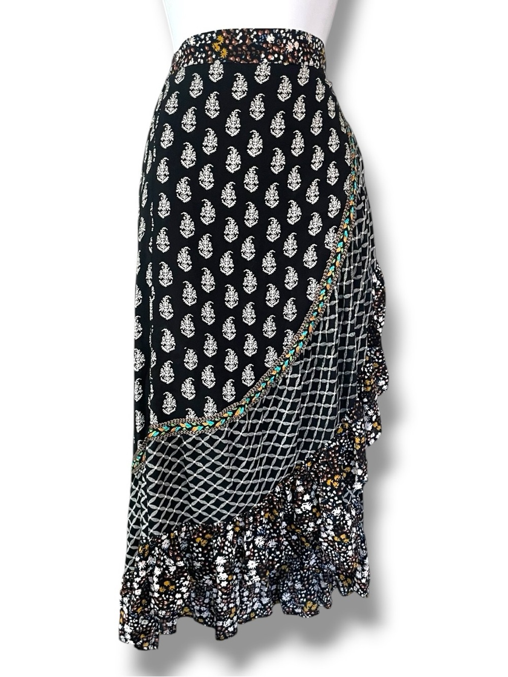 Christian Siriano Black Patterned Wrap-Style Maxi Skirt with Multicolor Trim